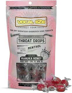 Vocal Eze Manuka Honey Strawberry Menthol Cough Drops (20) | Lozenges to Relieve Sore, Hoarse, Fatigue, Dryness of Throat | Voice Support, All Natural and Organic Ingredients UMF 10+ (MGO 265+)