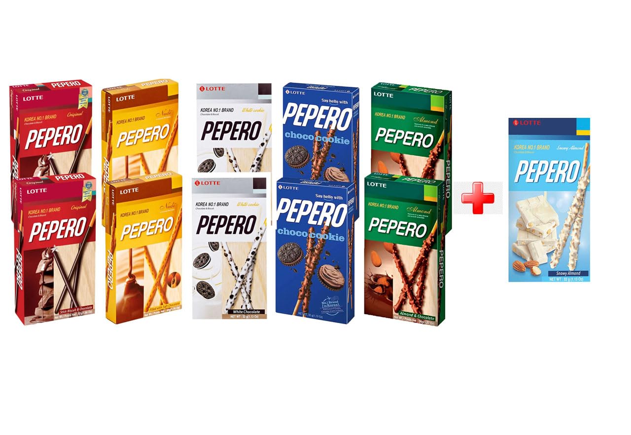 OHMARKET Lotte Pepero Chocolate & Biscuit 5 Flavor Variety Pack (Pack of 10) + Snowy Almond 1 pack