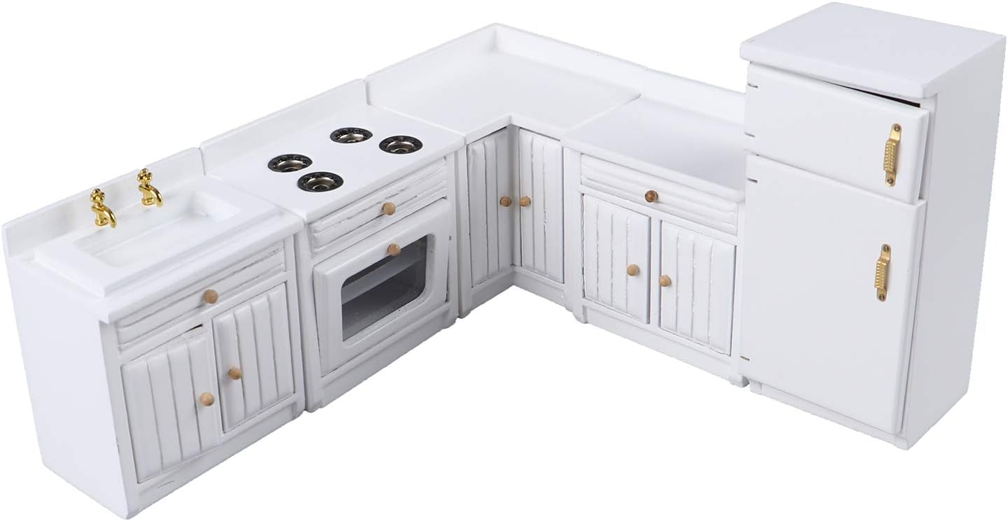 Dollhouse Kitchen Furniture Kit 1:12 Doll House Miniature Suite Wooden Kitchen Cabinet Fridge Set Dining Room for Miniature Dollhouse Furniture Scenes Accessories