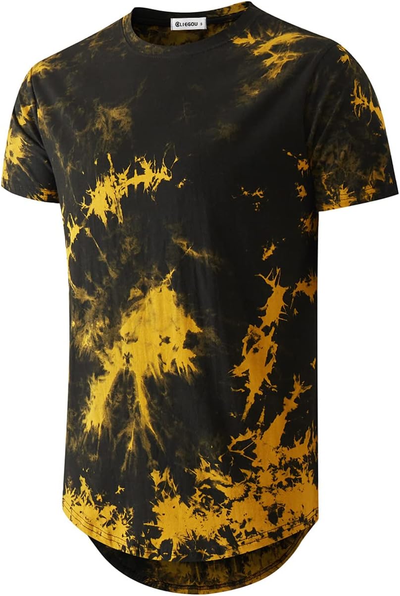 KLIEGOU Mens Hip Hop Tie-Dyed Hipster Curve Hem T Shirt