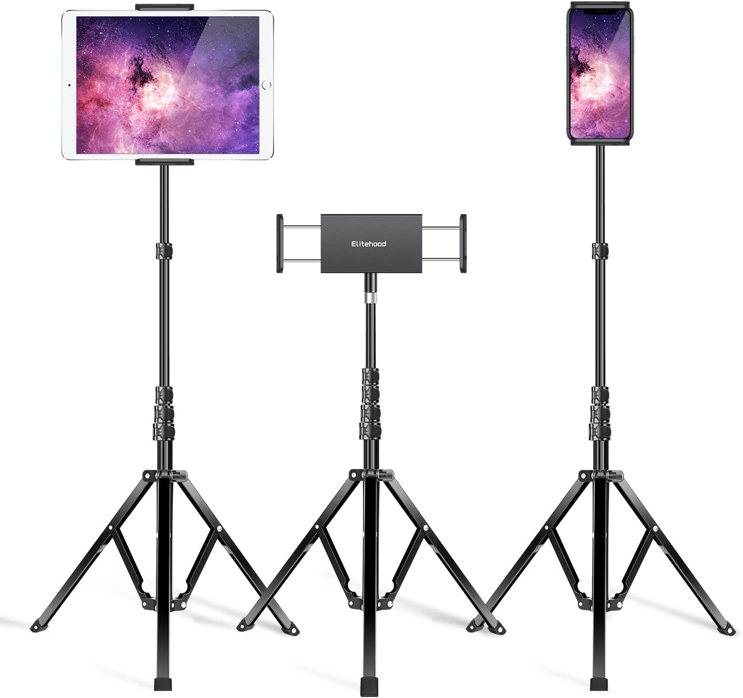 elitehood Aluminum iPad Stand Tripod, 65'' Adjustable Tablet Tripod Holder, 360 Degree Rotating iPad Holder Stand for Floor, Compatible with 4.7-13" Tablets and Phones