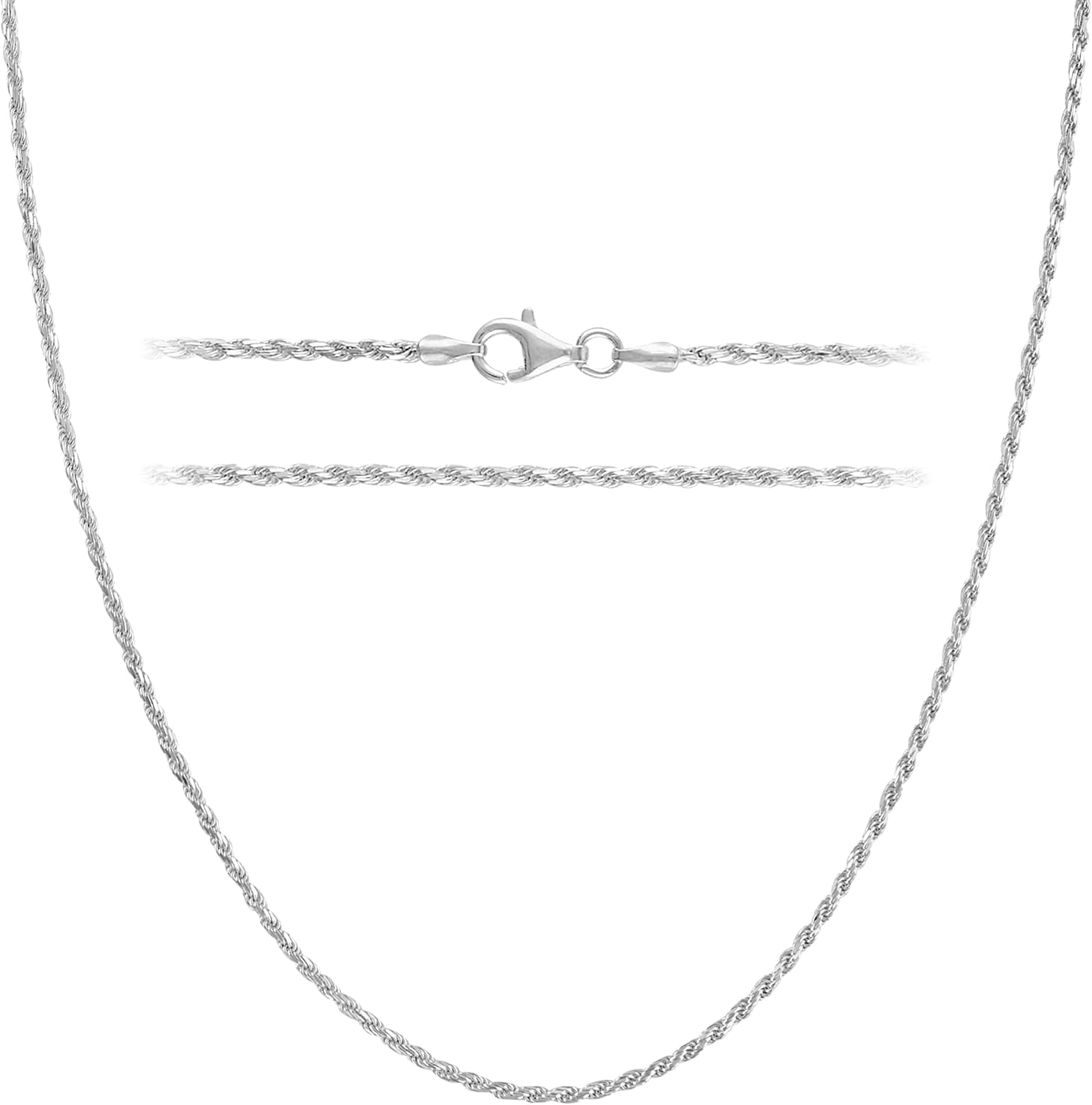 KISPER Solid 925 Sterling Diamond Cut 1.6mm Rope Chain Necklace for Women - Italian Made Durable Hypoallergenic Jewelry 16 18 20 22 24 30 Inch