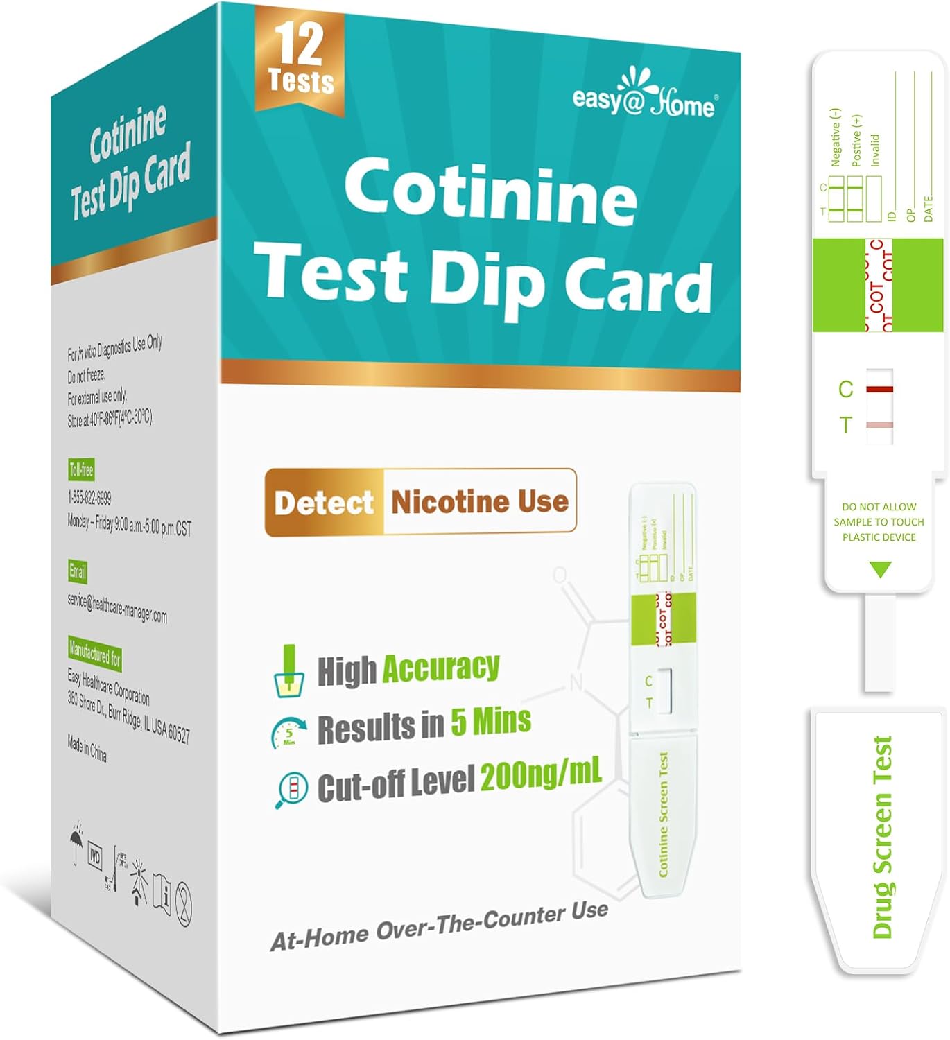 Easy@Home Nicotine Urine Test Kit Home Use, Tobacco Tests Strips Accurate Testing Cotinine Vape Smoking, Single Panel Nicotine Testing Strips, Instant Results -#ECOT-115 (1Pack of 2)