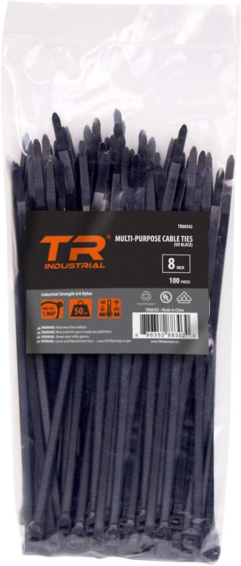 TR Industrial Multi-Purpose UV Resistant Black Cable Ties, 8 inches, 500 Pack