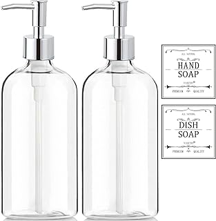Clear Soap Dispenser with Rust Proof Pump, Waterproof Labels (2 Pack,16 Oz), Soap Dispenser Bathroom, Plastic Hand Soap Dispenser, Dish Soap Dispenser for Kitchen