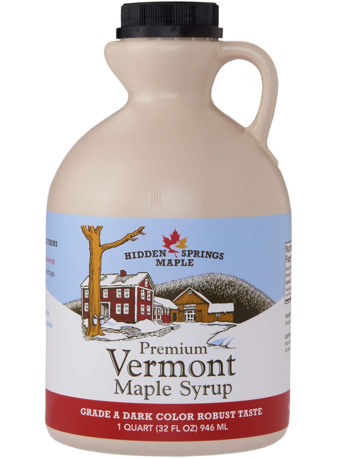 Hidden Springs Maple 100% Natural Vermont Maple Syrup, Grade A Dark Robust (Formerly Grade B), 32 Ounce, 1 Quart, Family Farms, BPA-free Jug