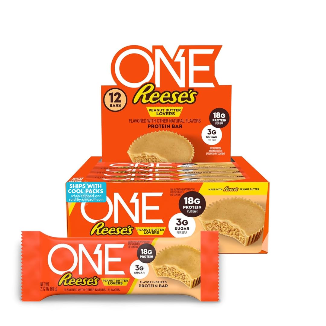 ONE Protein Bars, Reese's Peanut Butter Lovers, Gluten Free with 18g Protein and 3g Sugar, Pantry Staples, 2.12 oz (12 Count)