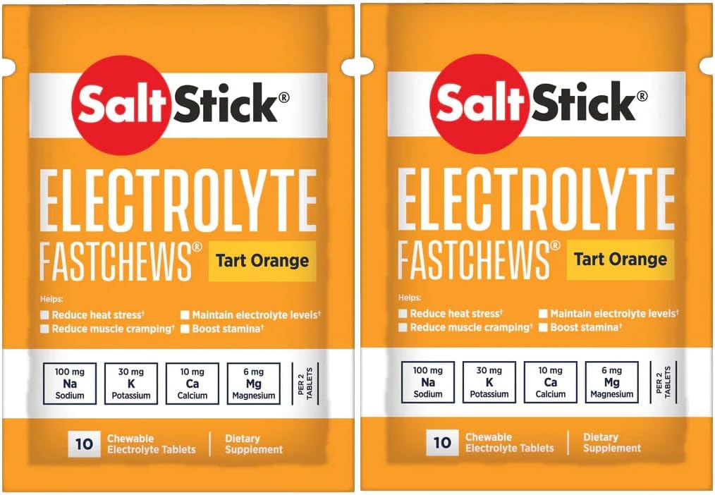 SaltStick Fastchews, Electrolyte Replacement Tablets for Rehydration, Exercise Recovery, Youth & Adult Athletes, Hiking & Sports Recovery, 2 x Packets of 10 Tablets (Tart Orange)