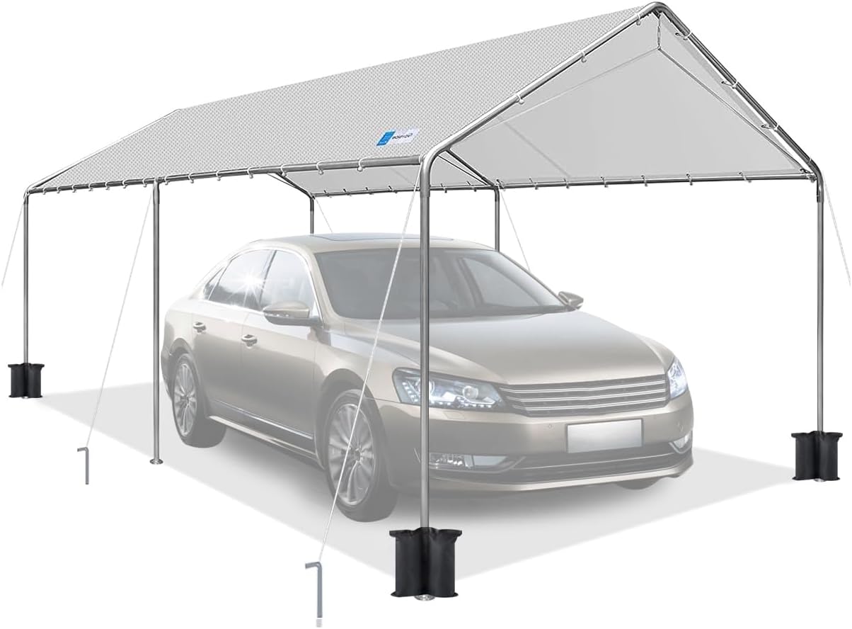 10x20 ft Heavy Duty Car Canopy Galvanized Frame Carport Outdoor Party Tent Boat Shelter with Reinforced Structure, No Sidewall - Light Grey