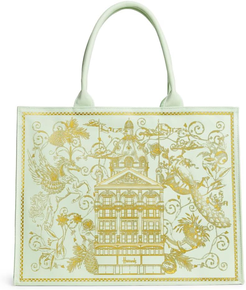 Harrods Luxury Shopping Large Tote Bag, Mint Green with Gold Foil Design, Decorative Building Print, Double Handle