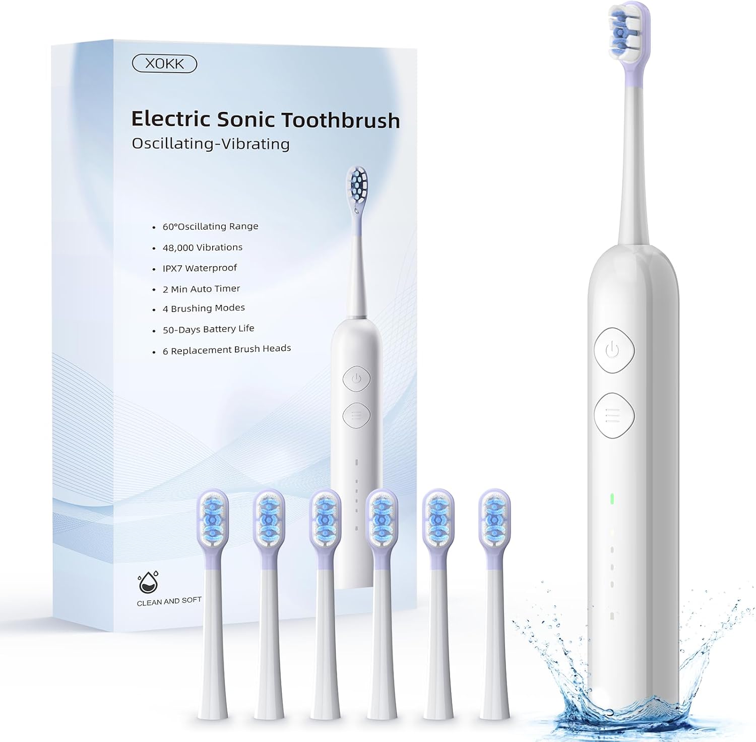 Electric Toothbrush-Oscillation&Vibration Sonic Electric Toothbrush for Adults with 6 Brush Heads for Travel & Teeth Care, 48000VPM Motor 4 Cleaning Modes 2 Min Timer