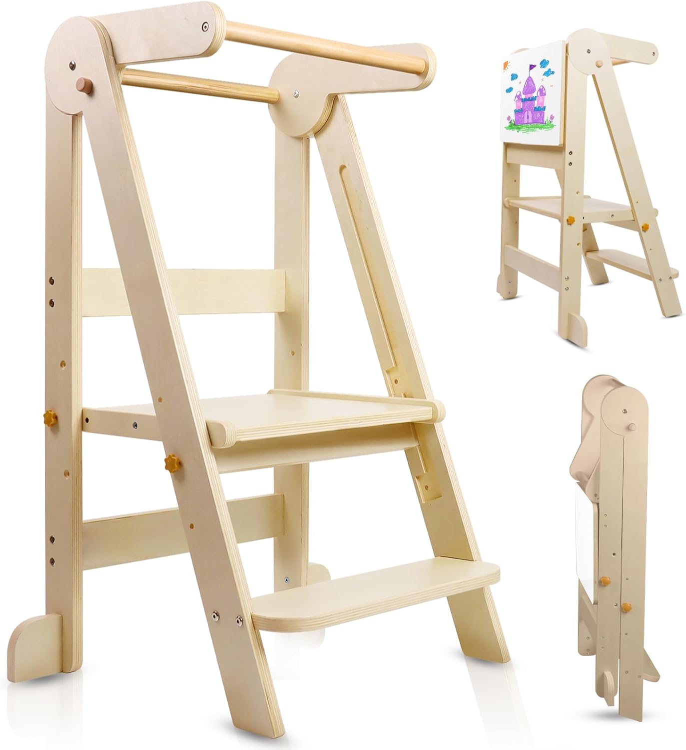 Foldable Toddler Tower Kitchen Step Stool, Standing Tower with Whiteboard, Toddler Kitchen Stool Helper with 3 Adjustable Height, Step Stool for Kids 1-6 Years, Natural