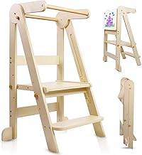 Foldable Toddler Tower Kitchen Step Stool, Standing Tower with Whiteboard, Toddler Kitchen Stool Helper with 3 Adjustable Height, Step Stool for Kids 1-6 Years, Natural