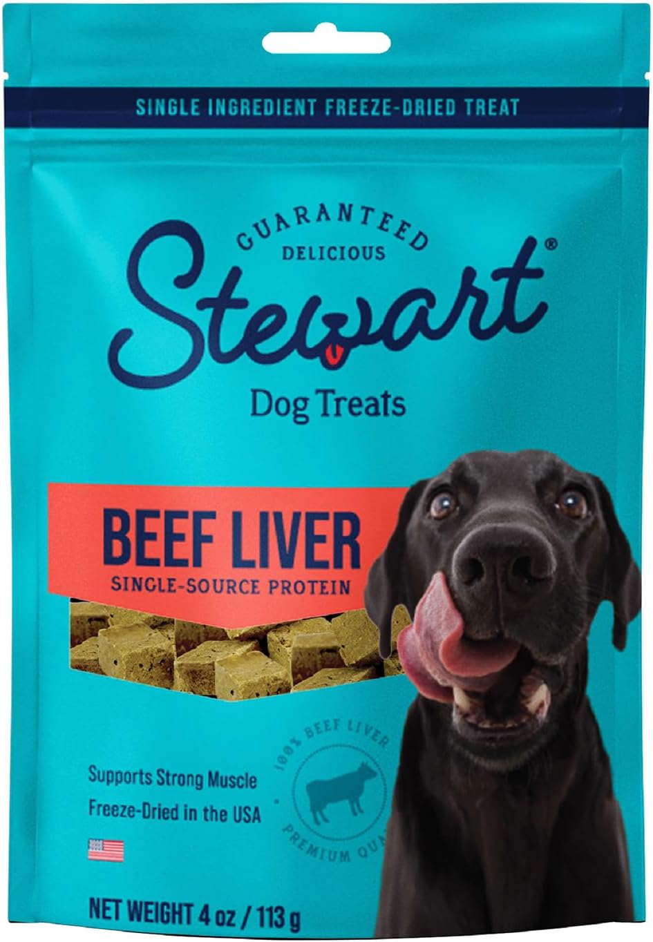 Stewart Single Ingredient Freeze Dried Raw Dog Treats, Beef Liver, 4 Ounce Resealable Pouch, Training Treats or Meal Topper Dogs, High Protein, Grain-Free, Gluten-Free