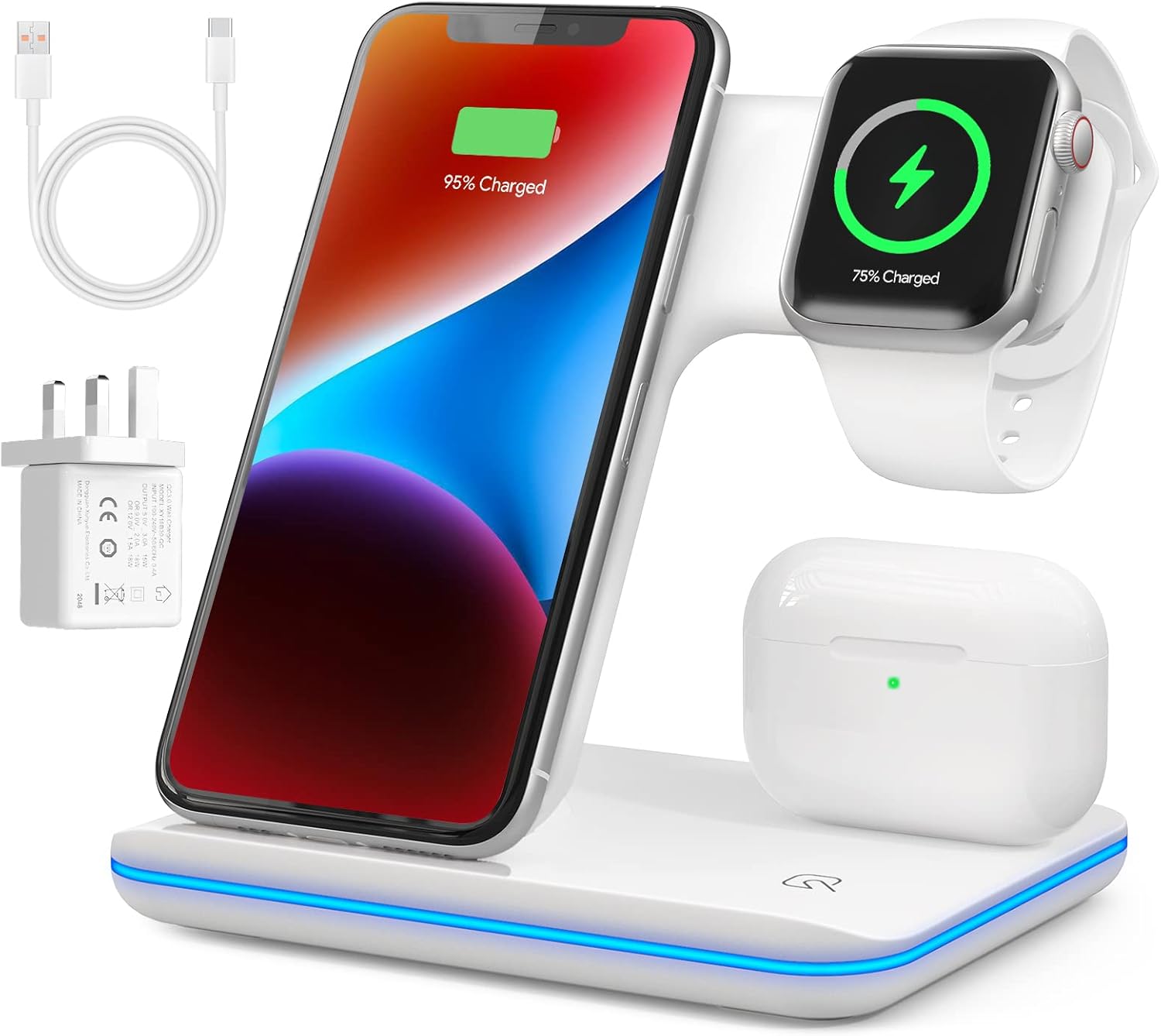 3 in 1 Wireless Charging Station, Wireless Charger Docking Station for iPhone 16/15/14/13/12/11/XR/XS/and Apple Watch 8/7/6/5/4/3/2/SE, Charging stand for AirPods 1/2/3/ Pro/Pro 2 with Lightning Port