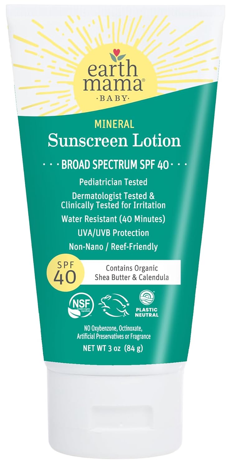 Earth Mama Baby Mineral Sunscreen Lotion SPF 40 | Reef Safe, Non-Nano Zinc, Natural Water Resistant Sun Cream for Babies, Kids & Adults, 3-Ounce