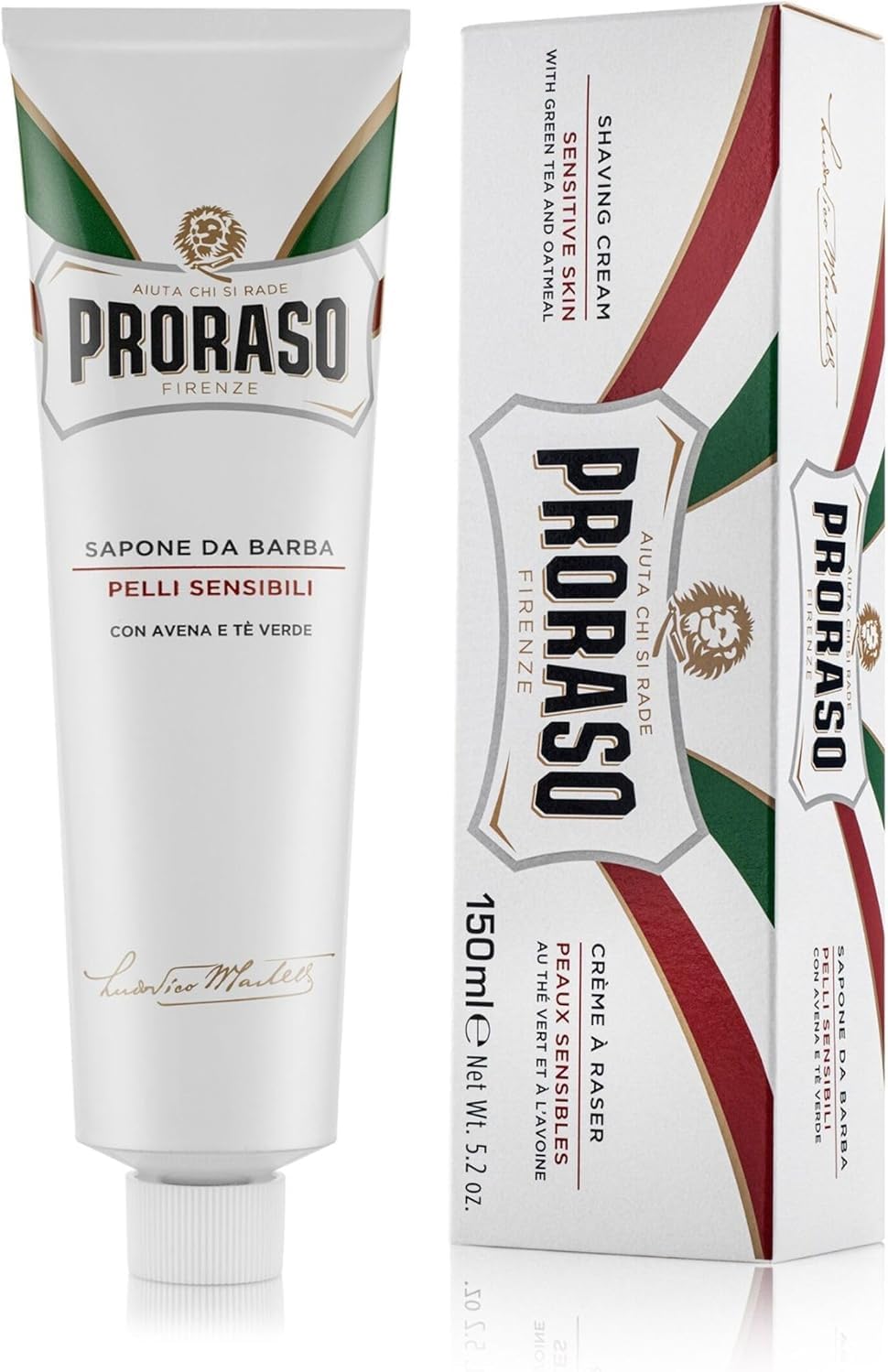 Proraso Shaving Cream Tube, 150ml, Sensitive Shaving Cream for Men Protects Skin, Formula with Oat and Green Tea Extracts, Made in Italy, White
