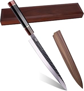 FINDKING Prestige Series Yanagiba Knife with Walnut Cover, Japanese SKD11 Damascus Steel Blade, Ebony Wood Octagonal Handle, Professional Sashimi Sushi Fish Knife (10.5 Inches, with Wooden Gift Box)