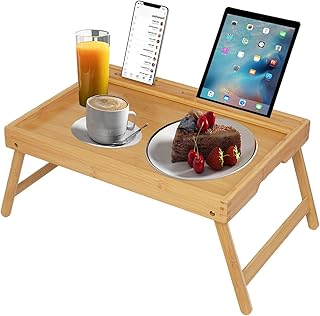 Bed Tray Table with Handles Folding Legs, Bamboo Breakfast Food Tray with Media Slot, Use As Platter, Laptop Desk, Snack, TV Tray Kitchen Serving Tray(Bamboo Medium)