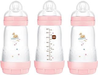 MAM Easy Start Anti-Colic Bottle , Baby Essentials, Medium Flow Bottles with Silicone Nipple, Baby Bottles for Baby Girl, Peach, 9 oz (3-Count)