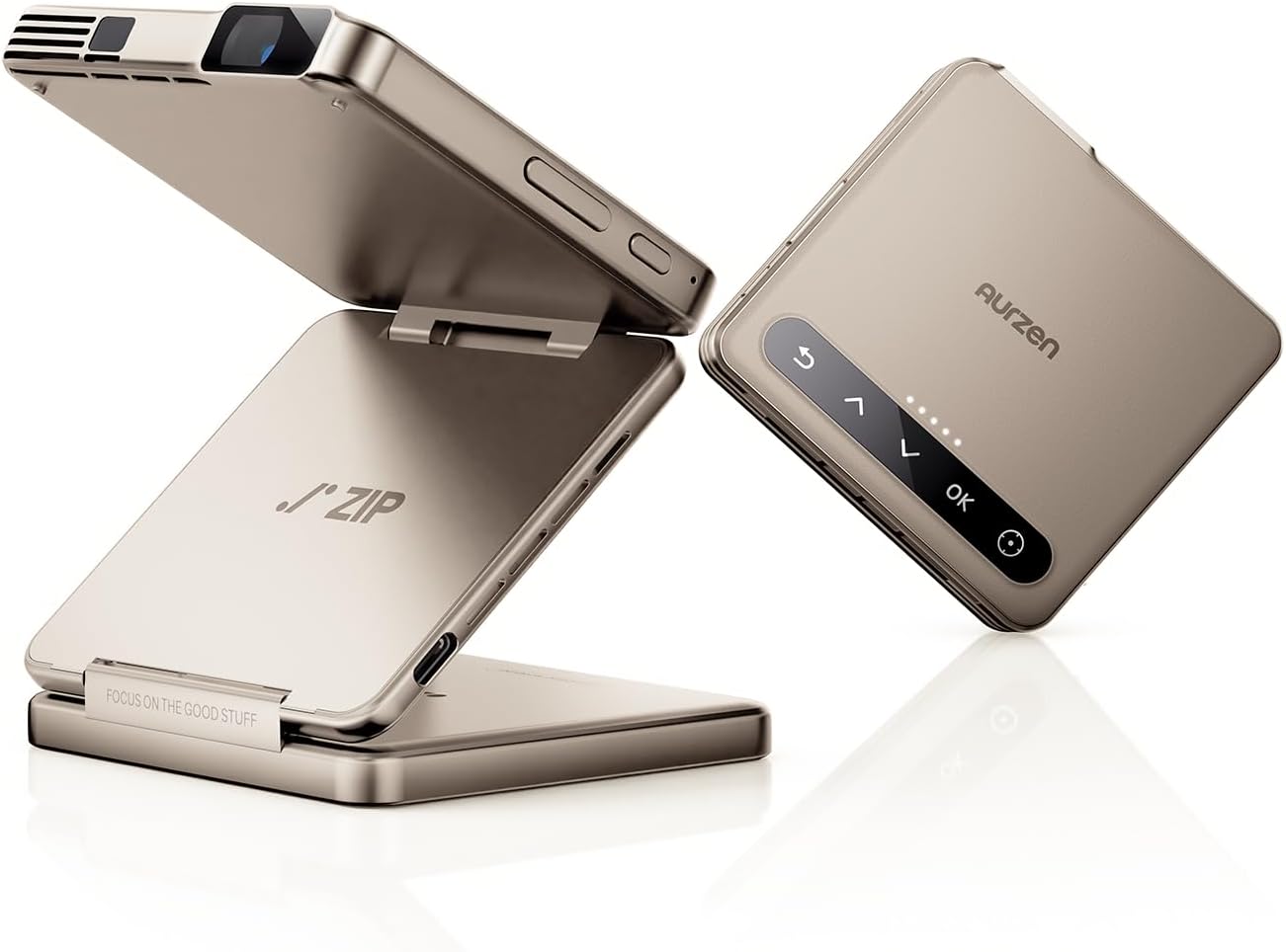 Aurzen ZIP Tri-Fold DLP Pocket Mini Projector with USB-C, Bluetooth,Gold