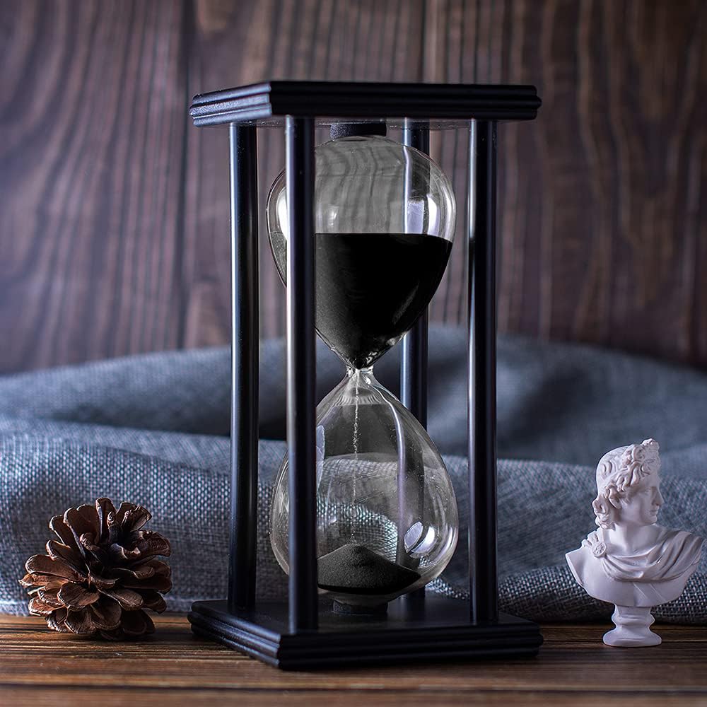 Hourglass Timer with Black Sand, 60 Minute Wooden Frame Sand Timer, Creative Handcraft Decoration