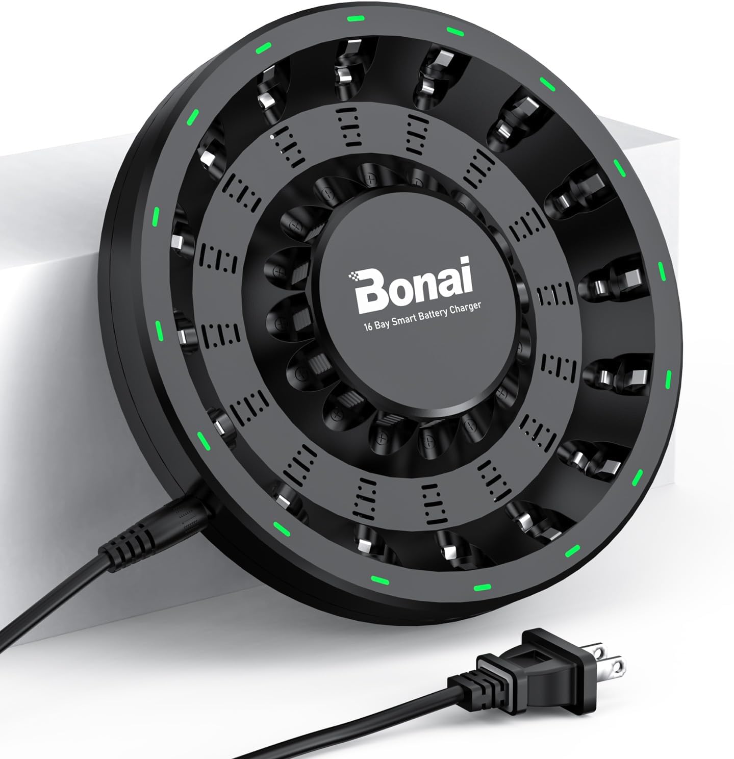 BONAI Smart AA AAA Battery Charger 16 Bay with AC High-Speed Plug Cable and LED Light Detection Function, Independent Slot