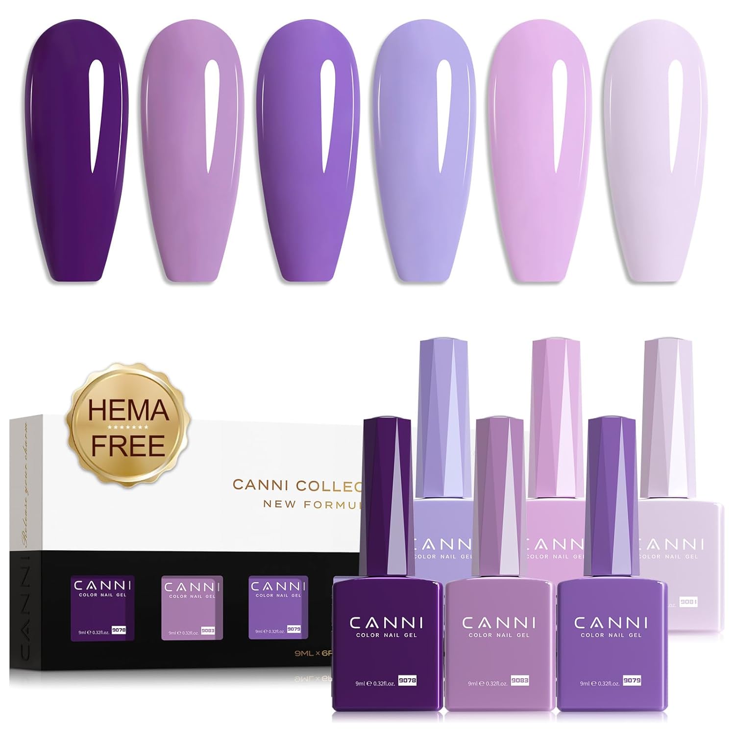 CANNI Purple Gel Nail Polish Set – 6 Colors 9ML Violet, Dark Purple, Lavender, Pastel Pink – Soak Off UV LED Nail Gel Kit for DIY Art, Summer Manicure, Home or Salon Use