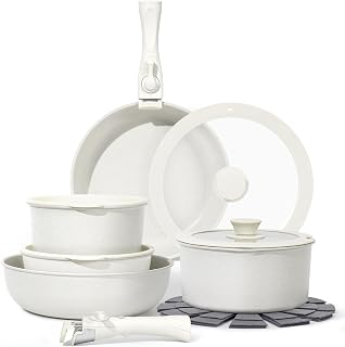 15Pcs Pots and Pans Set Non Stick, Cookware Sets with Detachable Handle, Nonstick RV Kitchen Cooking Set Removable Handles, Oven Safe, Induction Fast, Stackable Non-stick Set, White
