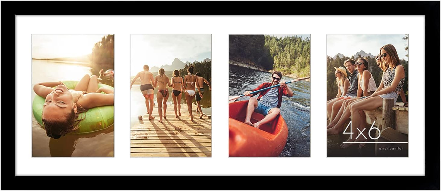 Americanflat 8x20 Panoramic Picture Frame in Black - Four 6x4 Photo Frame Openings - Multi Aperture Collage Picture Frame with Horizontal and Vertical Format for Wall and Tabletop