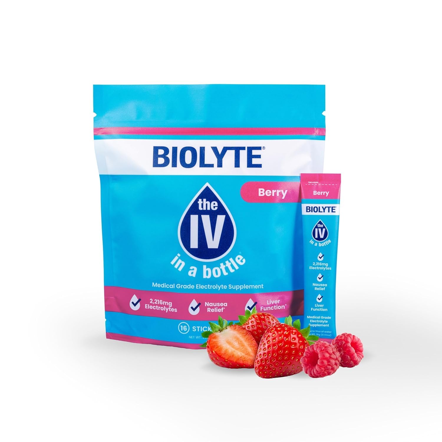 BIOLYTE IV Electrolyte Powder Packets, IV Liquid Drink Mix for Water, Doctor-Developed Hydration, HSA & FSA Approved Dehydration Relief, Chemotherapy Must Haves for Women & Men - Berry (16 Sticks)