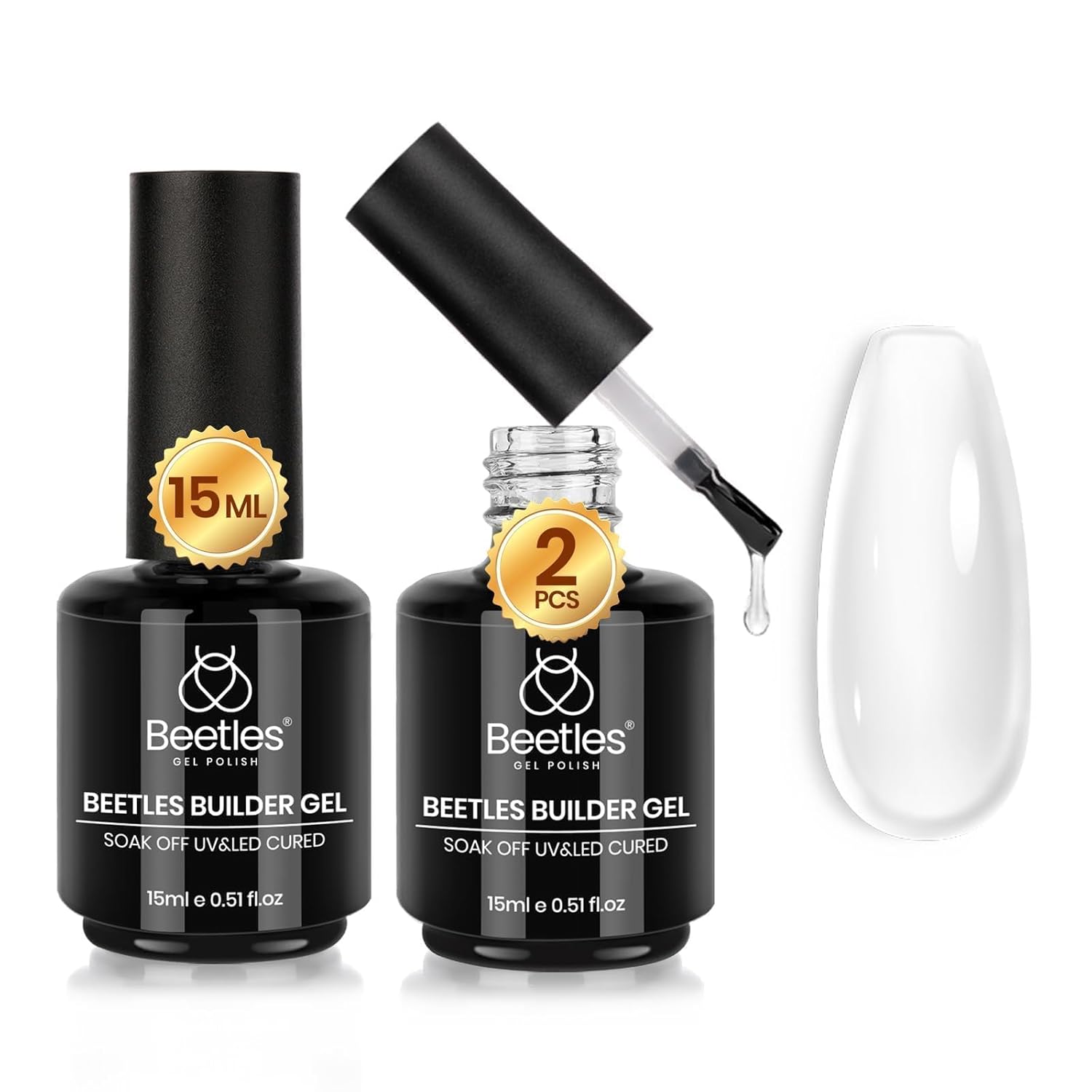 Beetles Builder Gel for Nails,2 Pcs 8 in 1 Clear Building Gel for Strengthening Natural Nail Apex & Extension for DIY Salon at Home,Friendly for Beginner,UV LED Lamp Cured Rhinestone Glue in a Bottle
