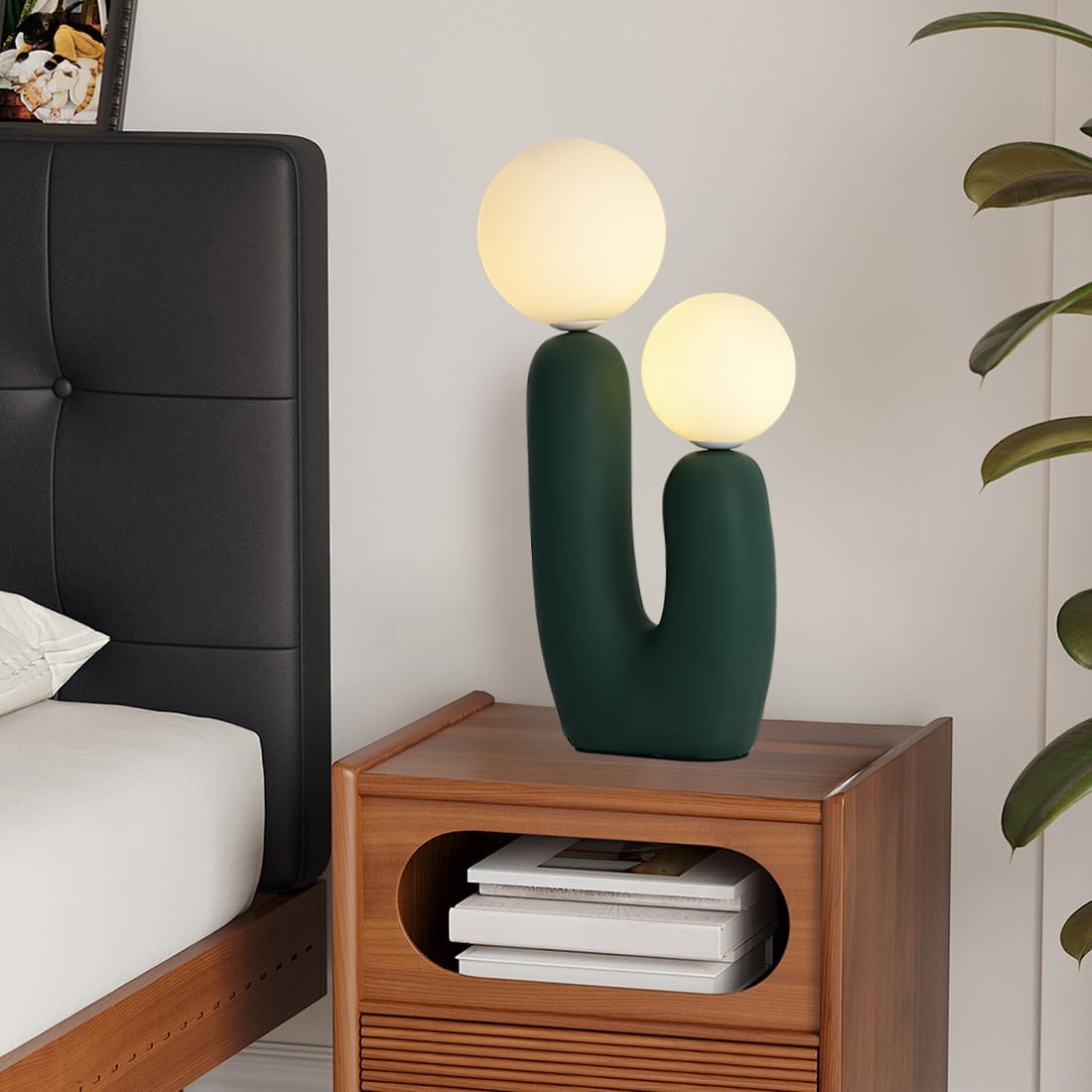 Modern Green Table Lamp Cactus Shape Resin Dimmable Table Light White Milk Globe Glass Light Fixtures for Living Room Bedroom Children’s Room Cafe Entrance