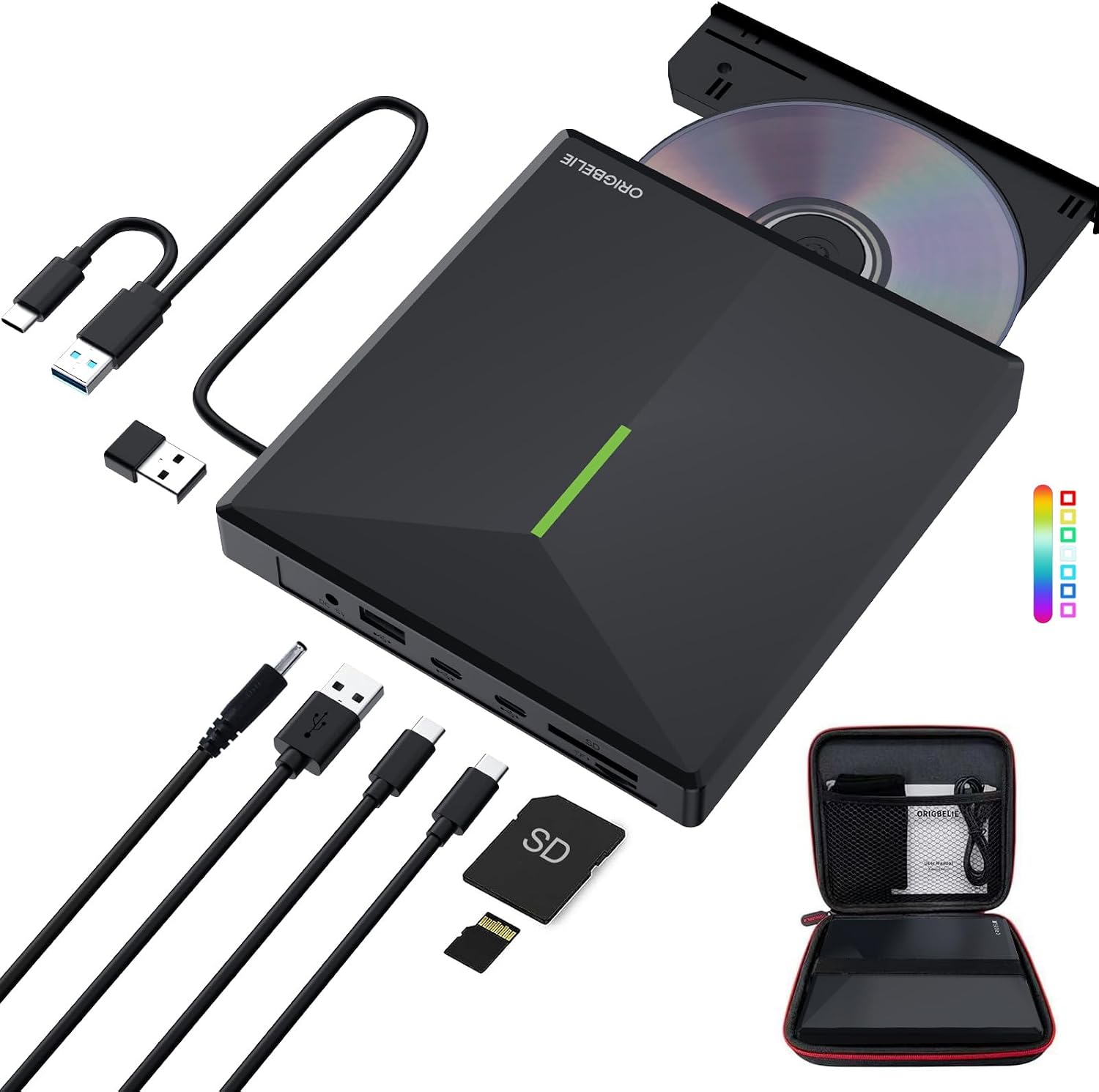 ORIGBELIE External CD DVD Drive, 4 USB & 2 TF/SD Card Ports & Carrying Case