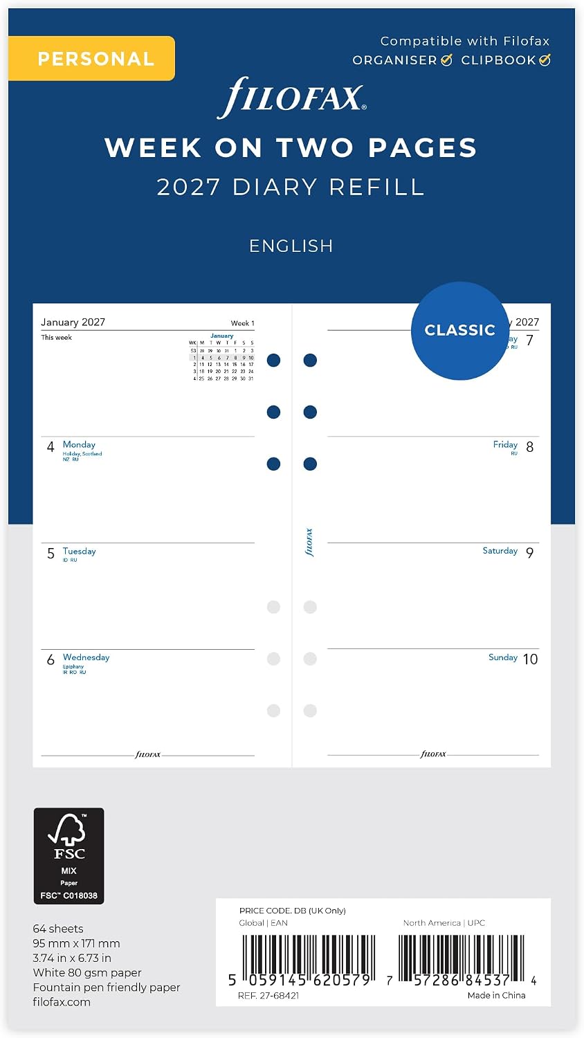 Filofax Personal Week on two pages English 2027 diary 27-68421