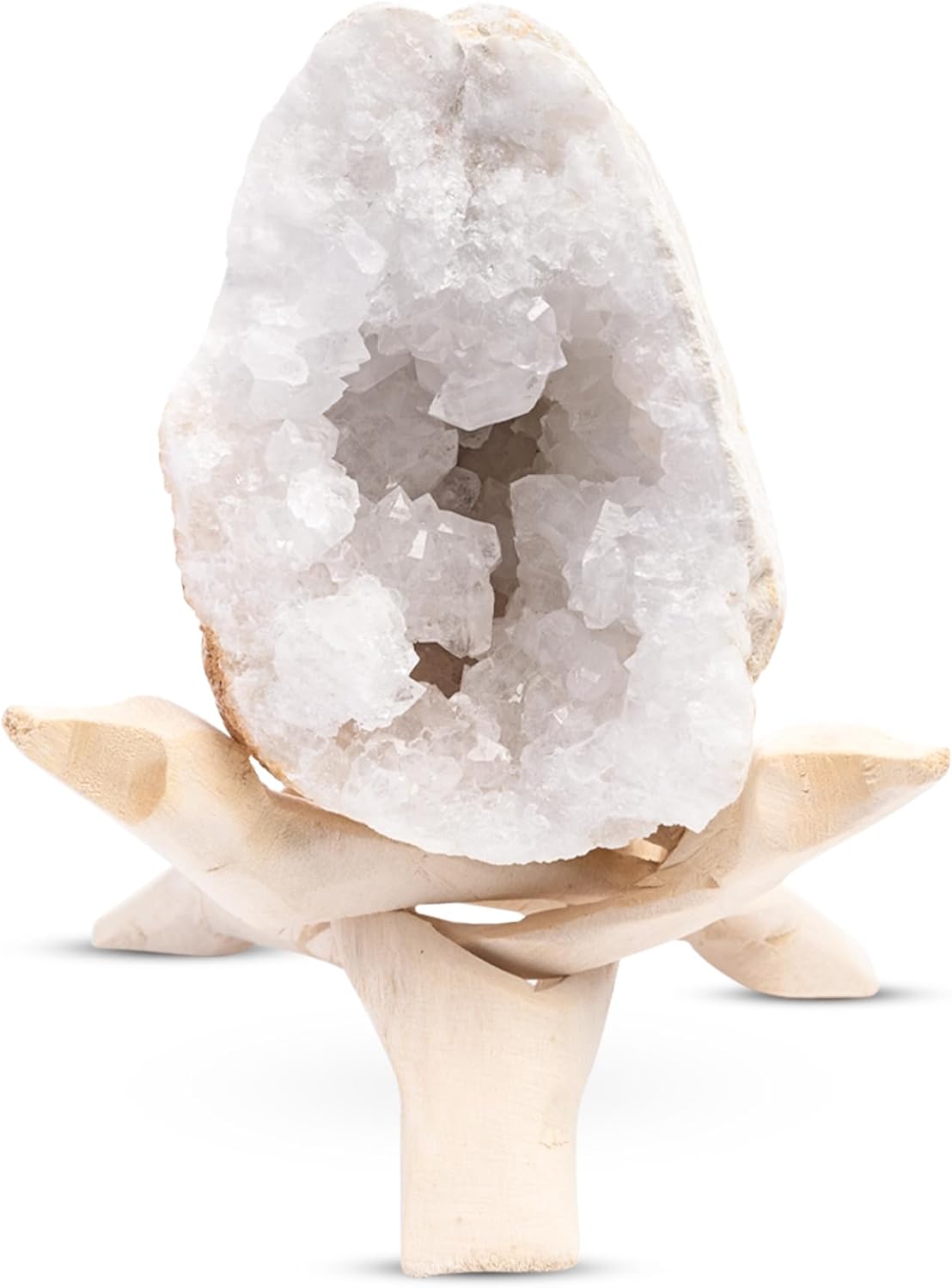 Geode Crystal with Wooden Stand – Moroccan Clear Quartz Crystal Cluster Geode for Meditation, Healing Crystals, Cleansing Energy, & Spiritual Gifts – Crystals and Healing Stones for Crystal Home Decor