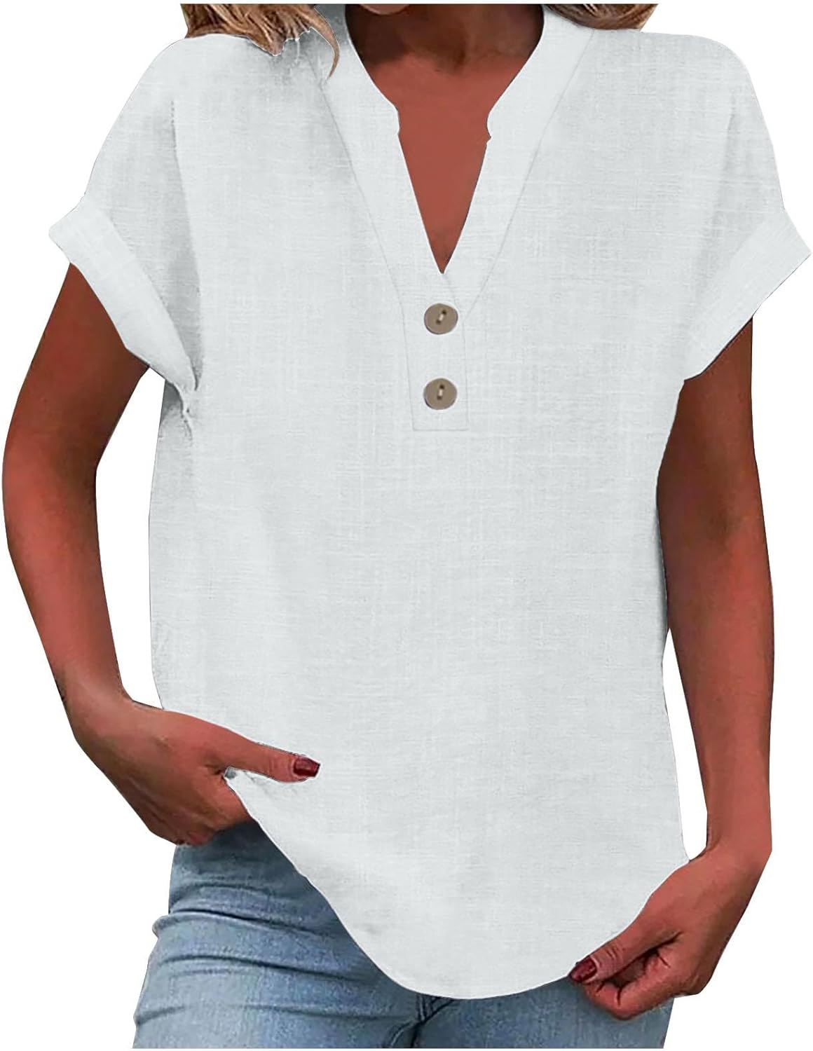 Women's Summer Cotton Linen Cap Sleeve T-Shirt Button V Neck Tunic Tops Lounge Baggy Solid Plain Casual Shirts Trendy Blouse