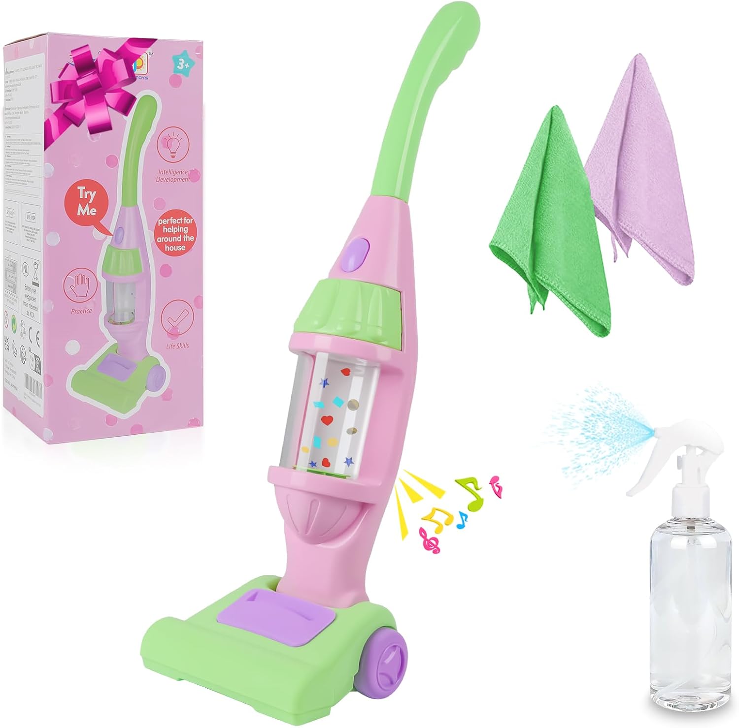 Kids Vacuum Cleaner Toy, Pink, Pretend Play Household Housekeeping Cleaner with Lights & Sounds, Includes Vacuum, Sprayer Bottle & 2 Cleaning Cloths, Age 3+