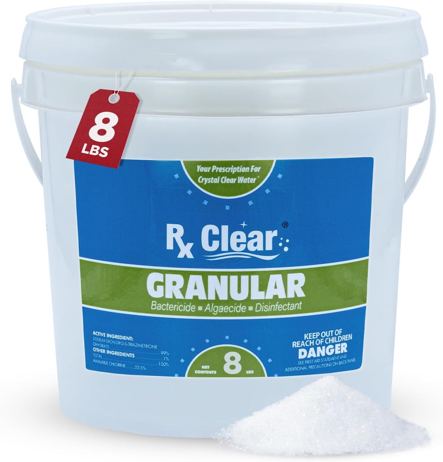 Rx Clear 8 lbs Granular Pool Chlorine | Use As Bactericide, Algaecide, & Disinfectant in Swimming Pools, Hot Tubs, & Spas | Stabilized, Fast Dissolving & UV Protected