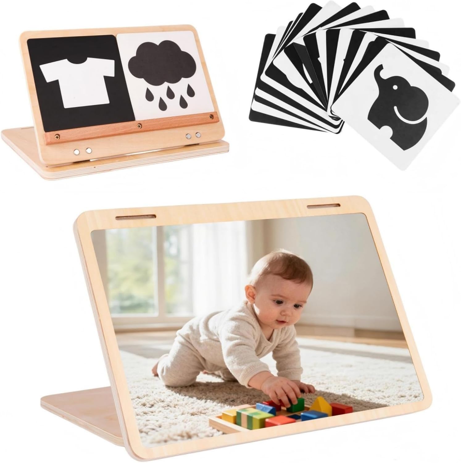 Tummy Time Mirror Large Baby Mirror Toy and Card Display Stand with Black and White High Contrast Baby Cards Double-Sided Design Adjustable Angle Montessori Mirror