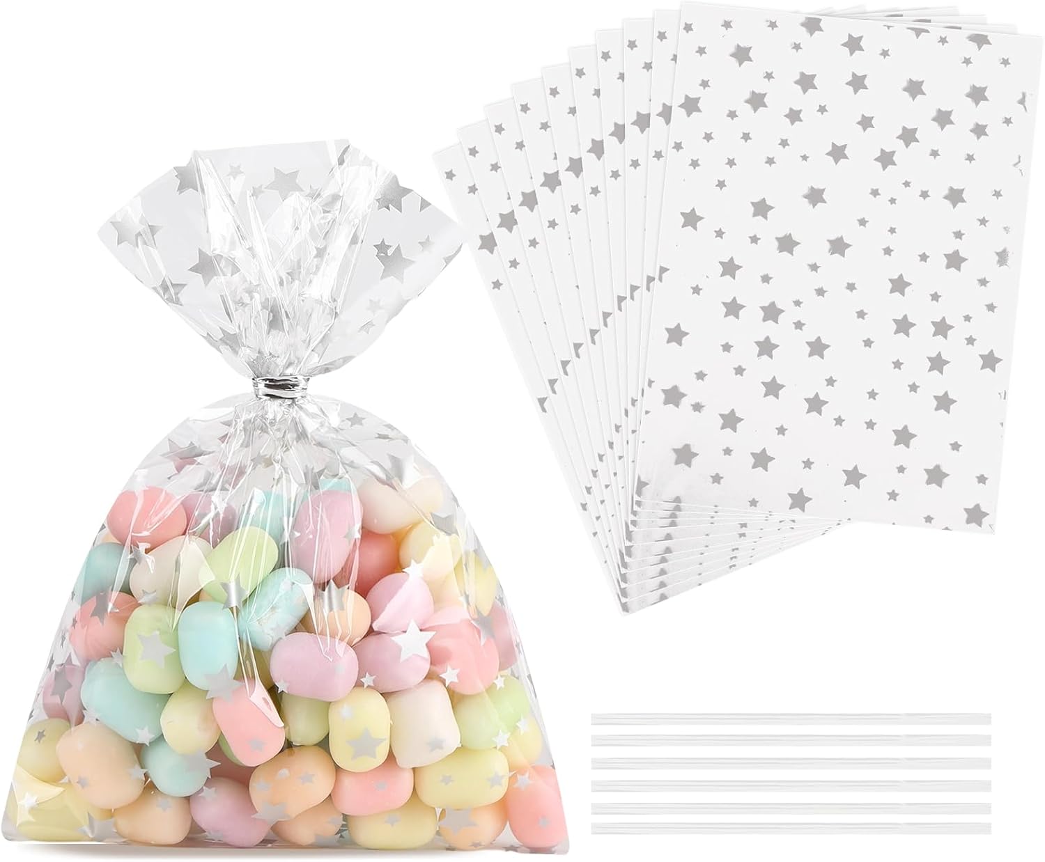 100Pcs Cellophane Treat Bags,4 X 6 Inches Silver Star Printed Clear Cellophane Bags,100 Twist Ties,for Gift Wrapping,Packaging Candies,Dessert,Bakery, Cookies, Chocolate,Party Favor (Silver)