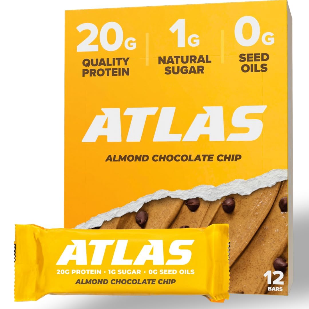 Atlas Protein Bar, 20g Protein, 1g Sugar, Clean Ingredients, Gluten Free - Almond Chocolate Chip, 12 Count