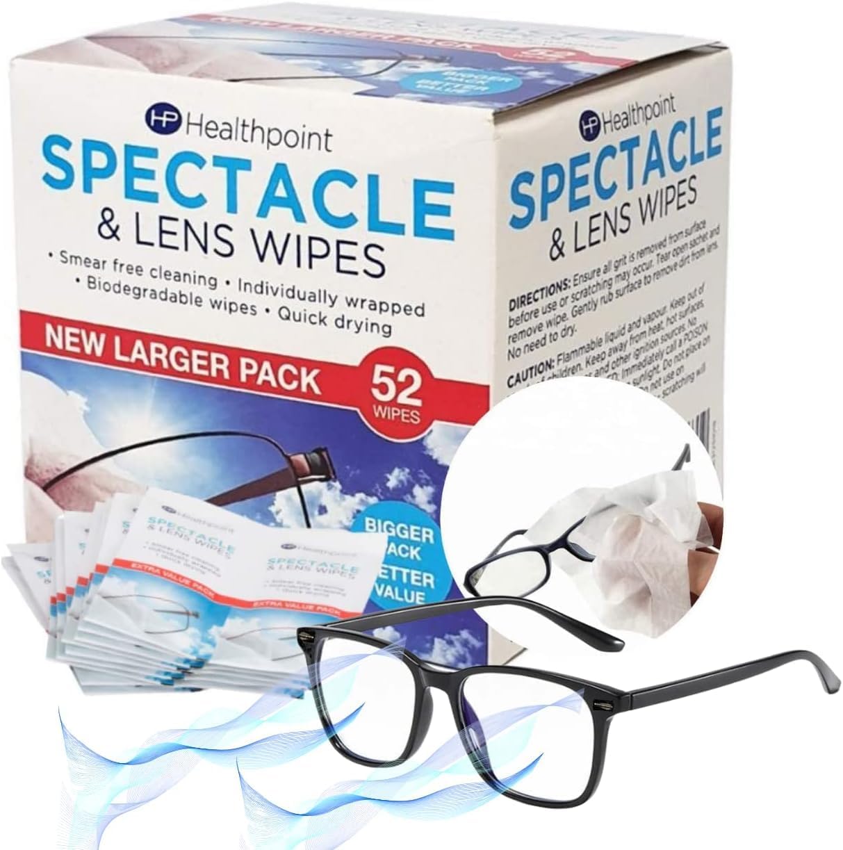 Healthpoint Glasses Wipes & Blue Light Blocking Glasses - 780 Individually Wrapped Lens Wipes - Also Suitable for Cameras, Binoculars & Smartphone Screens (15 Extra Value Packs of 52 = 780 Wipes)