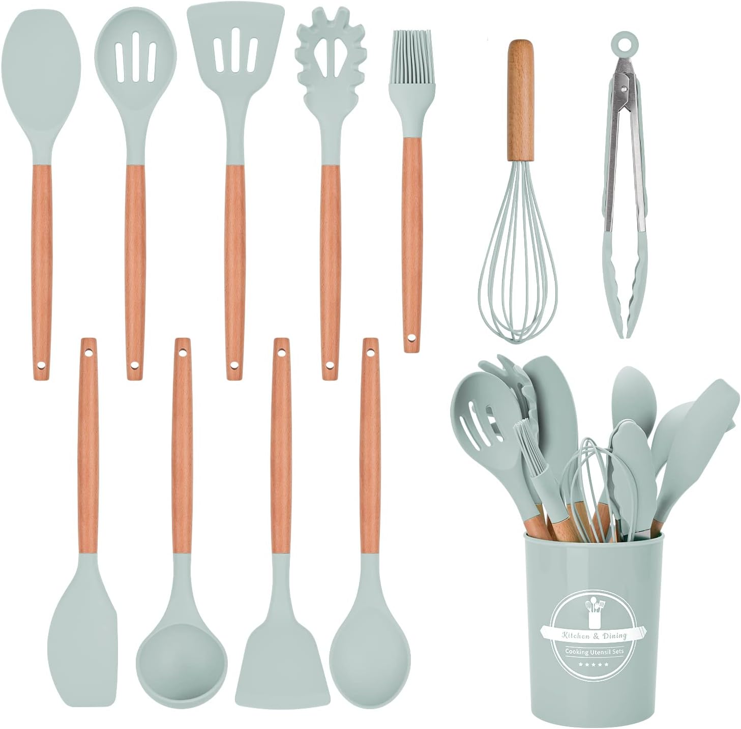 FIOUSY Kitchen Utensil Set, 12 PCS Silicone Cooking Utensils Set with Wooden Handle, Heat Resistant, Nonstick Cookware Tongs Spatula Spoon Set, Dishwasher Safe, Best Kitchen Tools with Holder (Green)
