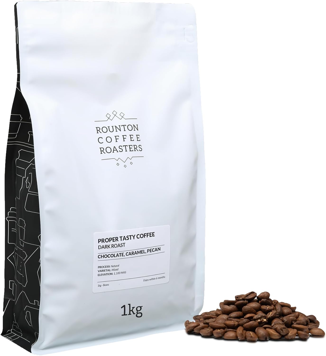 Rounton Coffee Roasters | Proper Tasty Coffee | Dark Roast 1kg | Fresh 100% Arabica Espresso Beans | Notes of Chocolate, Caramel & Pecan | Intensity 5/5 | Smooth All-Day Coffee