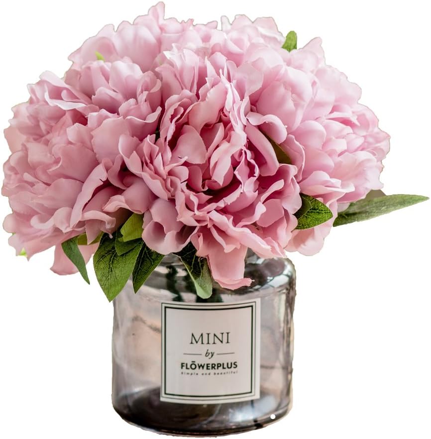 ,Artificial Flowers with Vase, Fake Peony Flowers in Gray Vase,Faux Flower Arrangements for Home Decor,Light Lilac,Small