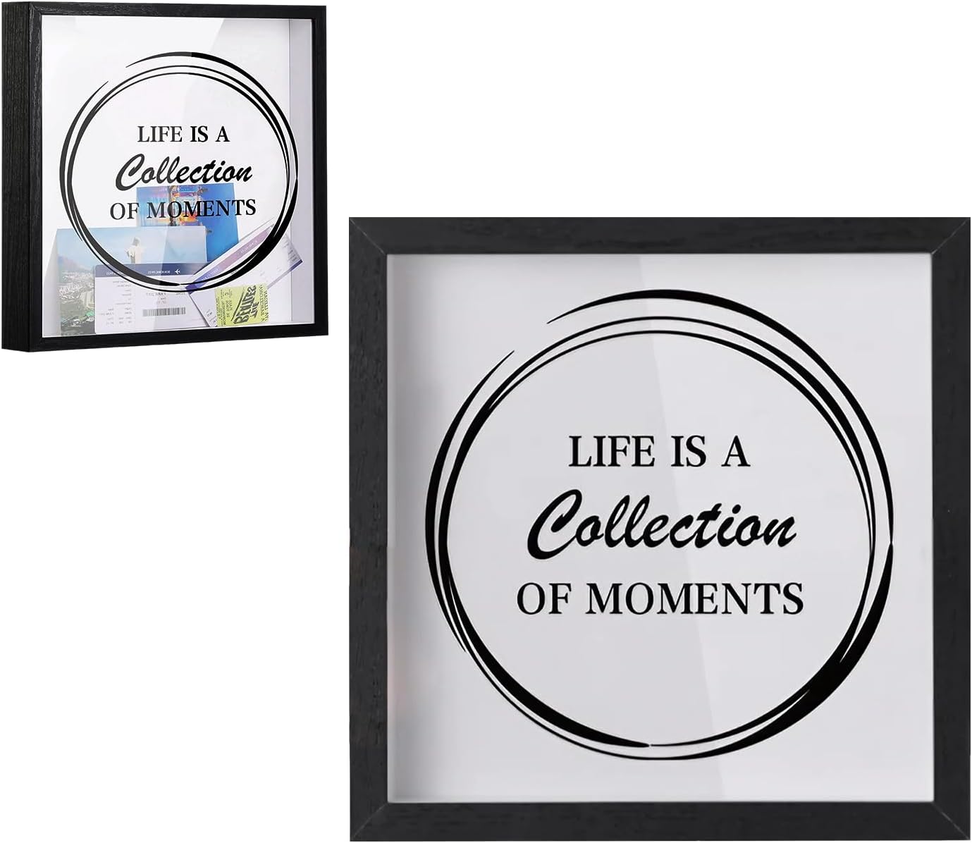 8x8In Shadow Box Frame, Wood Top Loading Memory Box with Slot, Ticket Card Display Case Keepsake Box for Travel Adventure Challenge Archive Photos, Desk Wall Decor (Black)