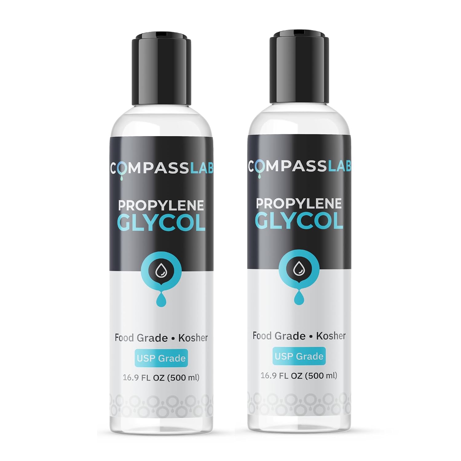 Propylene Glycol 2 Pack, Pure PG Dispensing Bottles, USP Kosher Food Grade PG Liquid for Soaps, Lotions, Moisturizers, Solvents, 500mL by Compass Laboratory