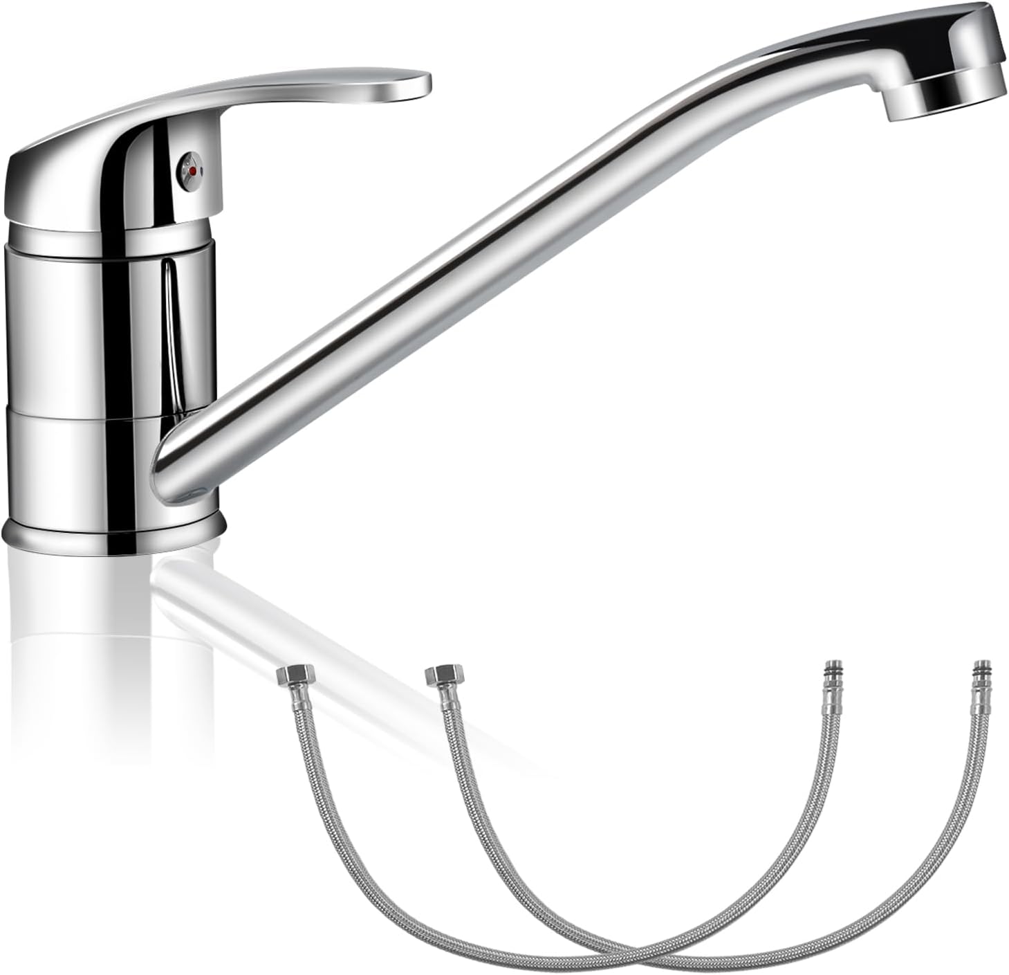 Kitchen Sink Mixer Tap, Single Top Lever Swivel Long Spout Monobloc Hot and Cold Water Kitchen Faucet Chrome Kitchen Tap with 2 Hoses