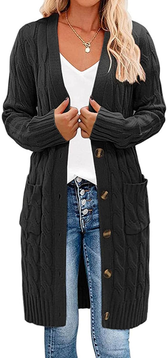 Earnmore Womens Long Sleeve Cable Knit Long Cardigan Open Front Button Sweater Outerwear